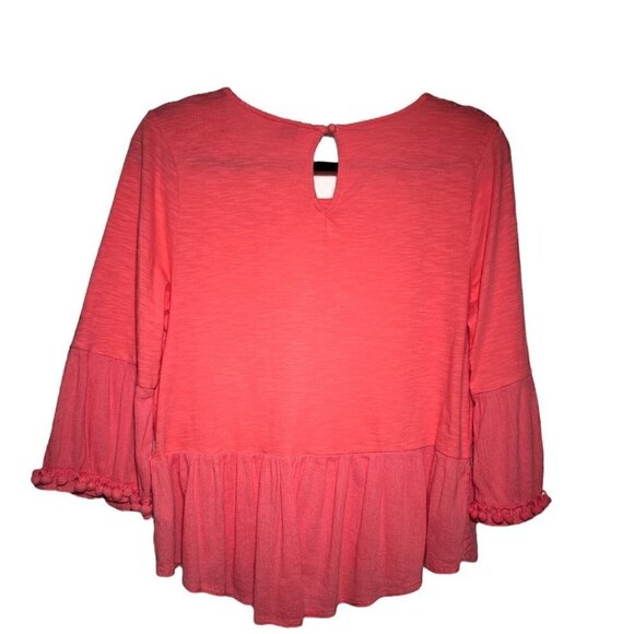 Crown & Ivy Coral Pink Peplum Ruffle Top with Pom Pom Bell Sleeve Trim  Size MP - Picture 6 of 8